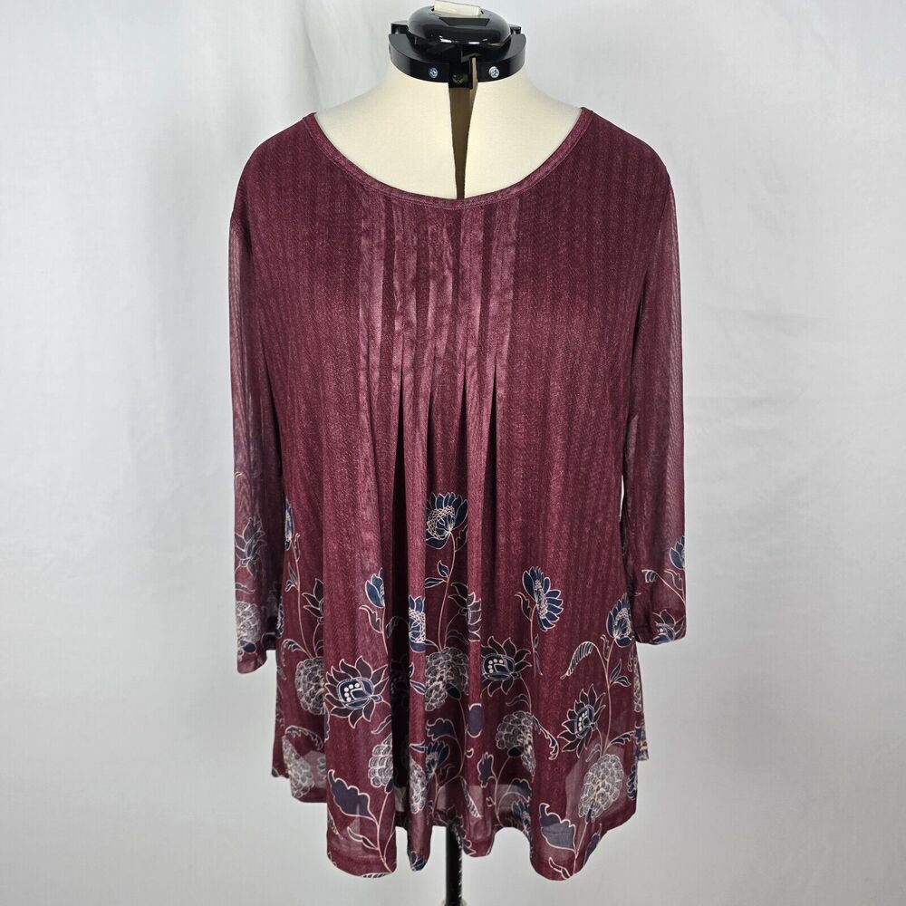 Timeson Blouse Women's 3XL Burgundy Floral Ruffle 3/4 Sleeve Round Neckline NWT